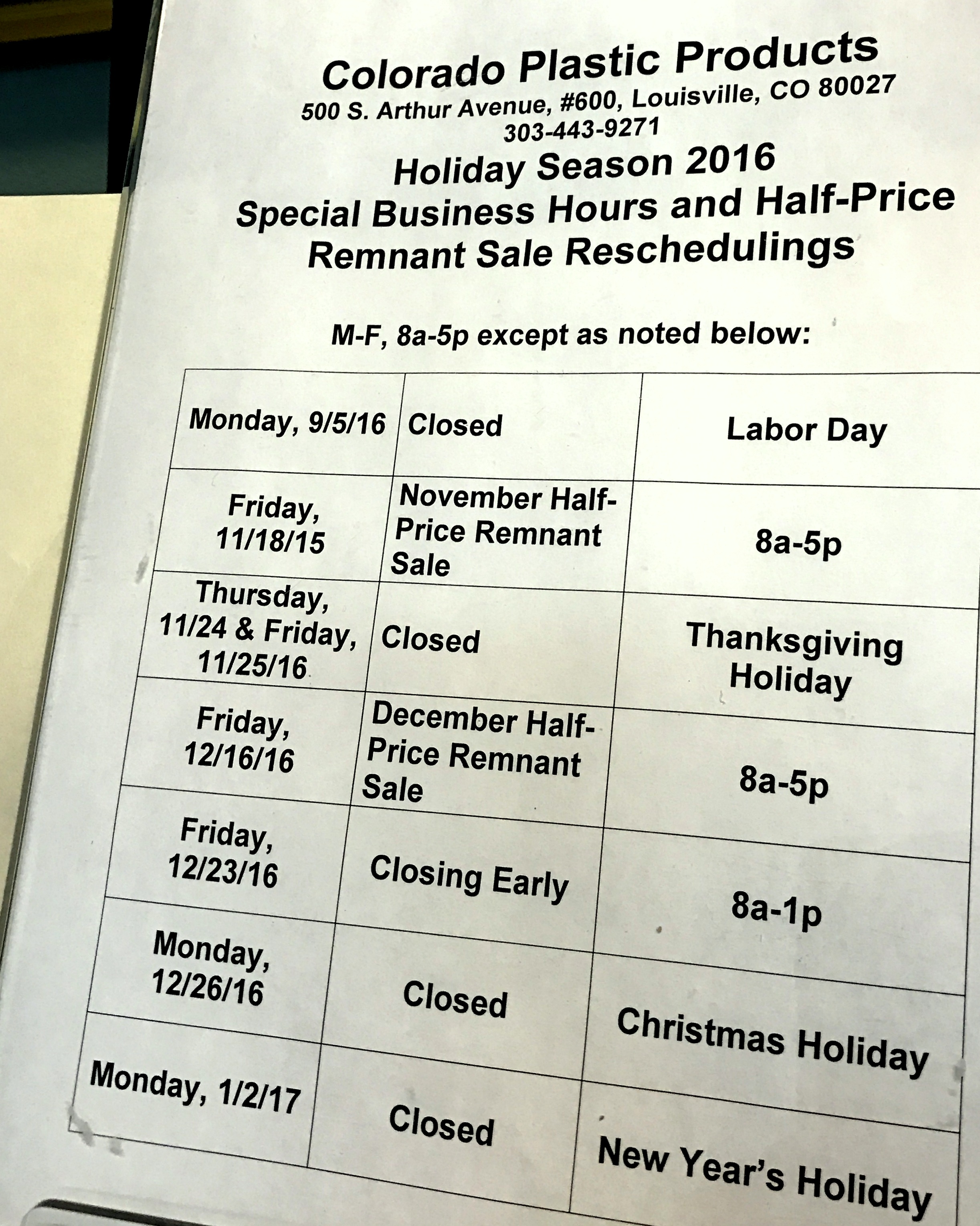 Photo Of Colorado Plastics Holiday Hours 2016