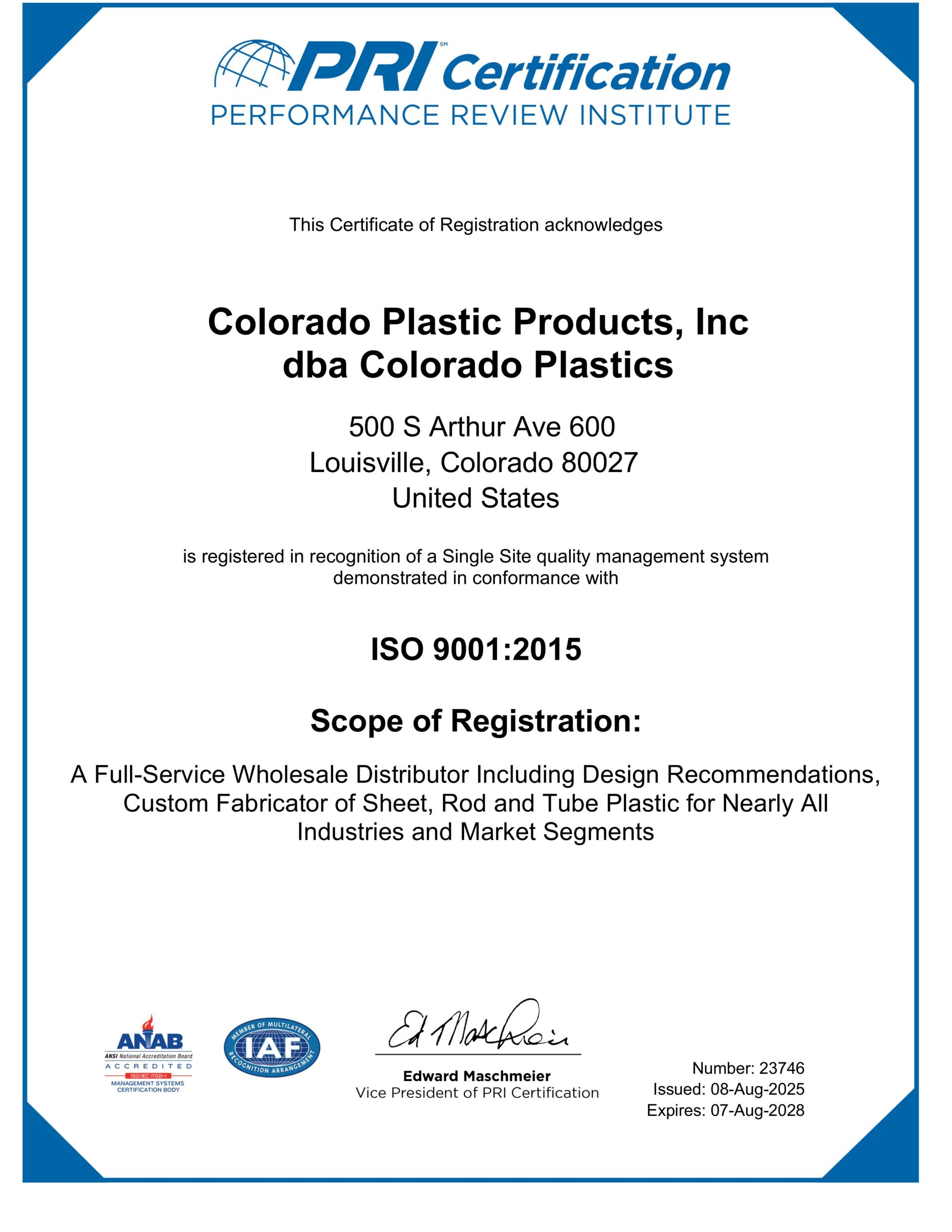Colorado Plastics ISO 9001:2015 Certificate